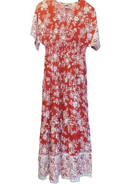 Dreamy Cottage Core Maxi Red Ivory Floral Smocked Tall Wedding Guest Feminine